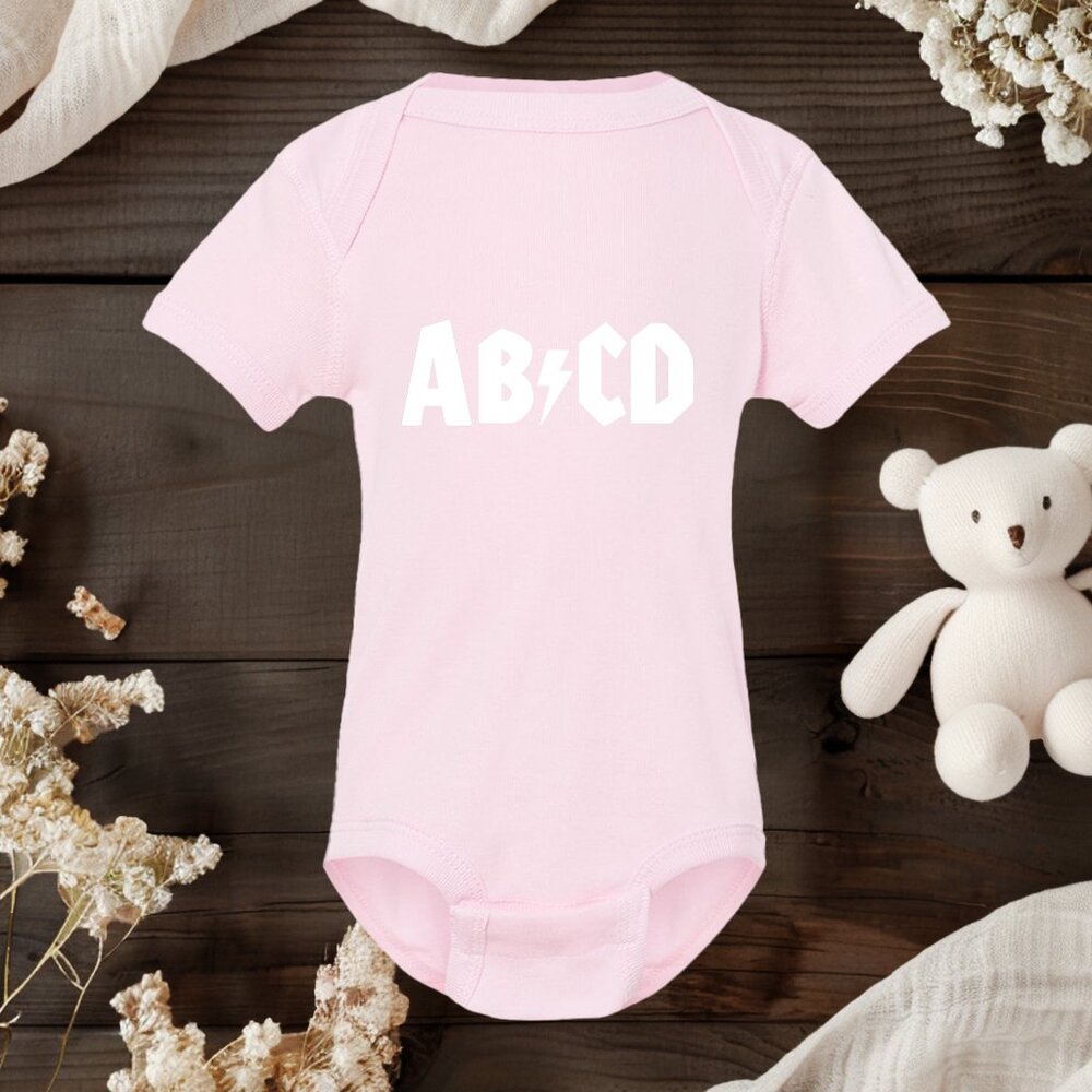 ab/cd Baby Onesie • Funny Rock Band Parody Bodysuit • AC/DC Inspired Onesie
